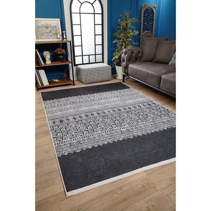 Ethnic Geometric Rug|Machine-Washable Black Gray Non-Slip Rug|Boho Design Washable Carpet|Decorative Area Rug|Multi-Purpose Anti-Slip Carpet