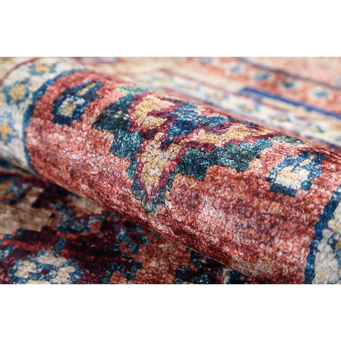 Vintage Style Rug|Ethnic Anatolian Design Washable Carpet|Machine-Washable Non-Slip Rug|Rustic Worn Looking Multi-Purpose Anti-Slip Carpet