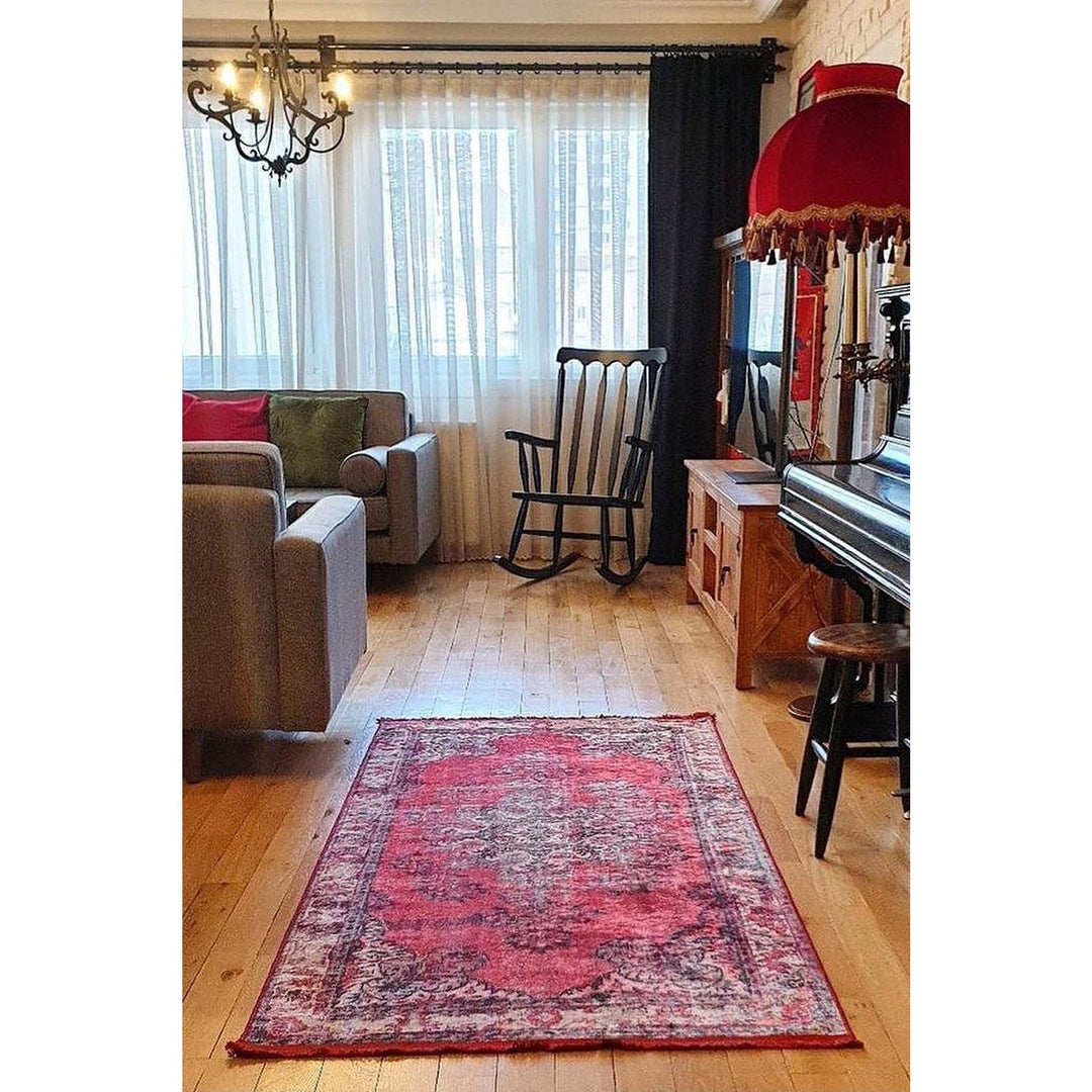 Vintage Style Rug|Ethnic Anatolian Design Washable Carpet|Machine-Washable Non-Slip Rug|Rustic Worn Looking Multi-Purpose Anti-Slip Carpet