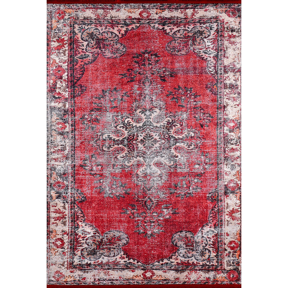 Vintage Style Rug|Ethnic Anatolian Design Washable Carpet|Machine-Washable Non-Slip Rug|Rustic Worn Looking Multi-Purpose Anti-Slip Carpet