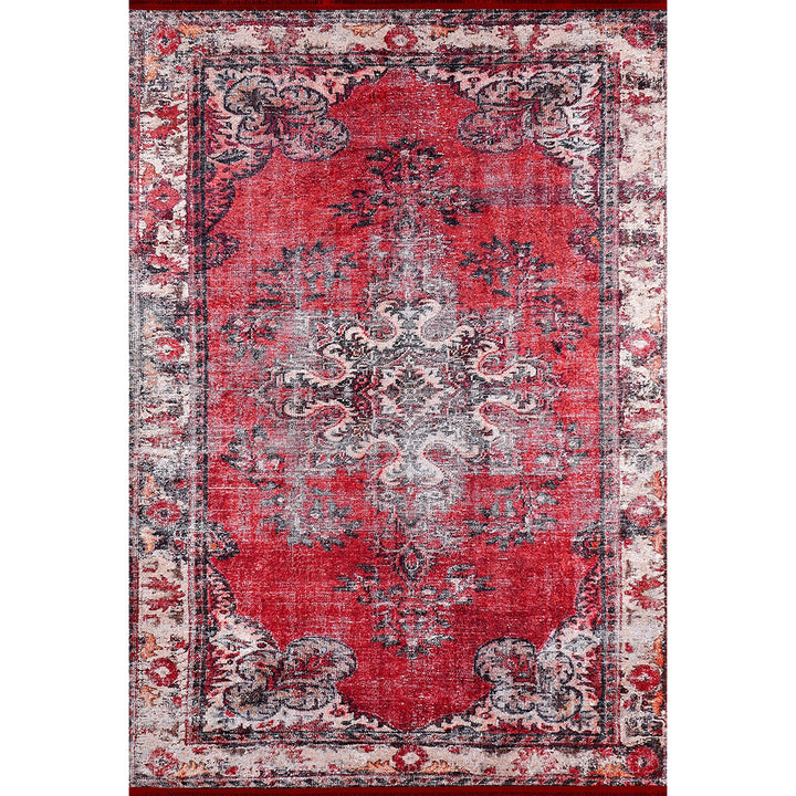 Vintage Style Rug|Ethnic Anatolian Design Washable Carpet|Machine-Washable Non-Slip Rug|Rustic Worn Looking Multi-Purpose Anti-Slip Carpet