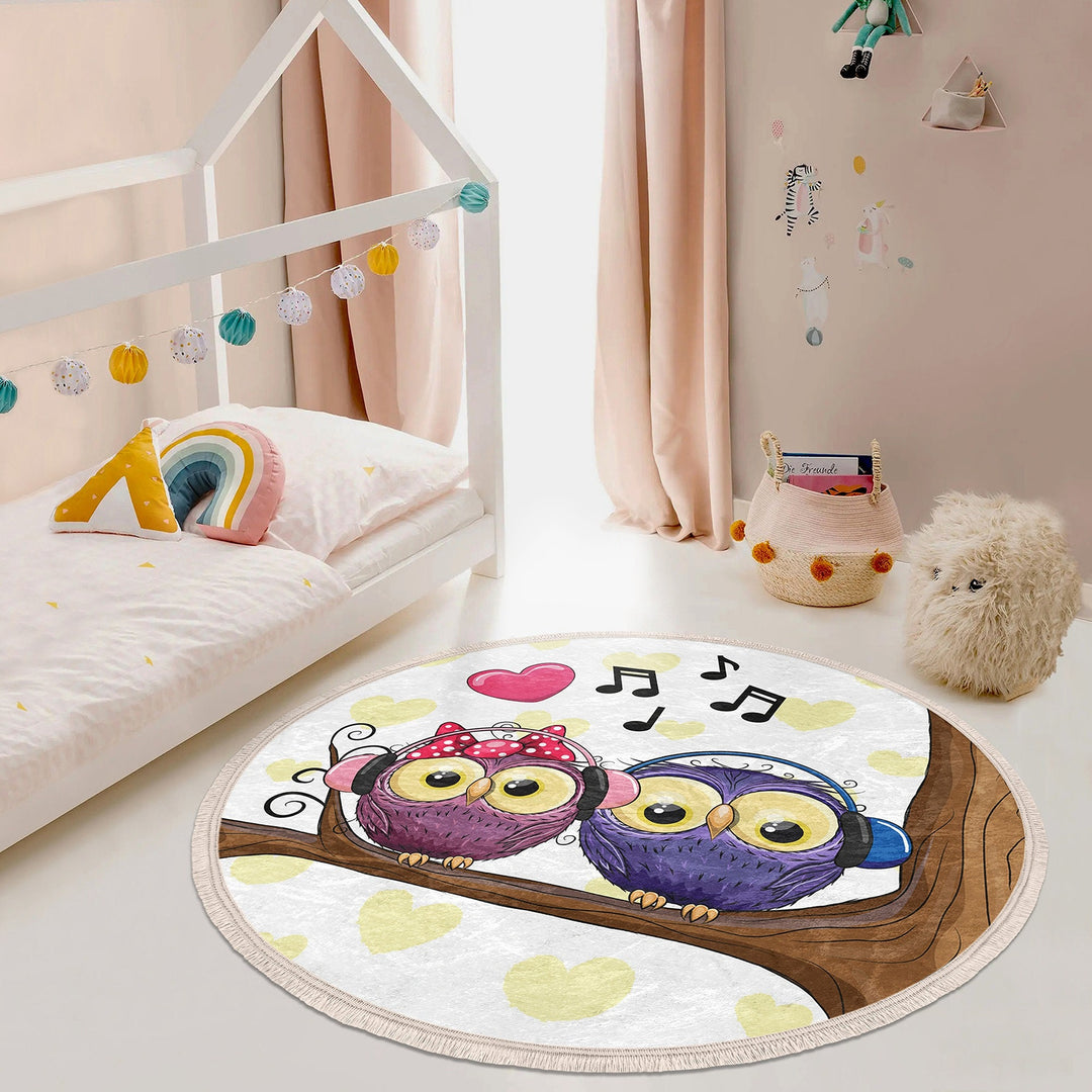 Owl Round Rug|Non-Slip Round Carpet|Fringed Kid Room Circle Carpet|Cute Owl Area Rug|Owl Home Decor|Animal Print Anti-Slip Mat|Gift for Kid