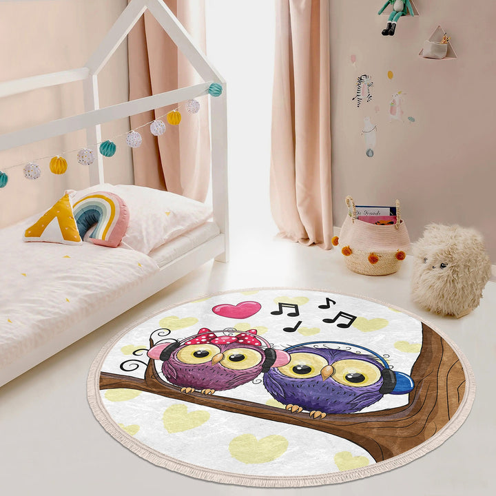 Owl Round Rug|Non-Slip Round Carpet|Fringed Kid Room Circle Carpet|Cute Owl Area Rug|Owl Home Decor|Animal Print Anti-Slip Mat|Gift for Kid