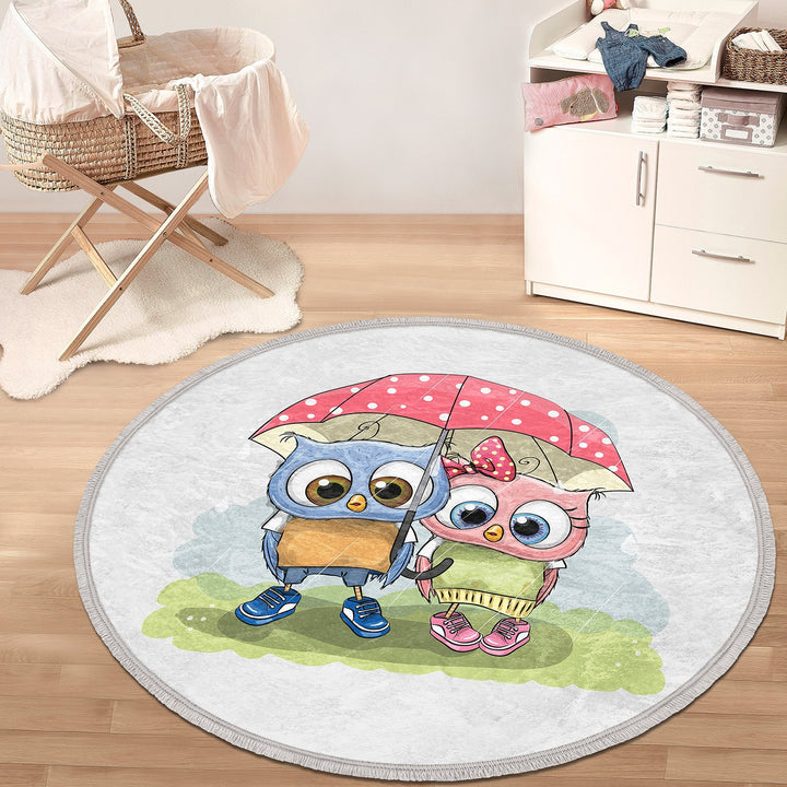 Owl Round Rug|Non-Slip Round Carpet|Fringed Kid Room Circle Carpet|Cute Owl Area Rug|Owl Home Decor|Animal Print Anti-Slip Mat|Gift for Kid