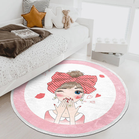 Cute Girl Round Rug|Non-Slip Round Carpet|Fringed Kid Room Circle Carpet|Pink Area Rug|Cute Home Decor|Makeup Girl Print Anti-Slip Mat