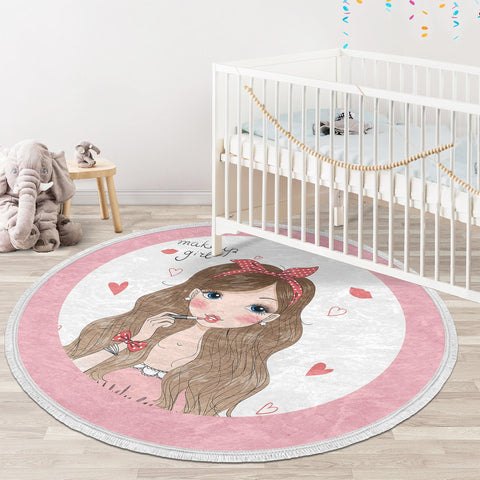 Cute Girl Round Rug|Non-Slip Round Carpet|Fringed Kid Room Circle Carpet|Pink Area Rug|Cute Home Decor|Makeup Girl Print Anti-Slip Mat
