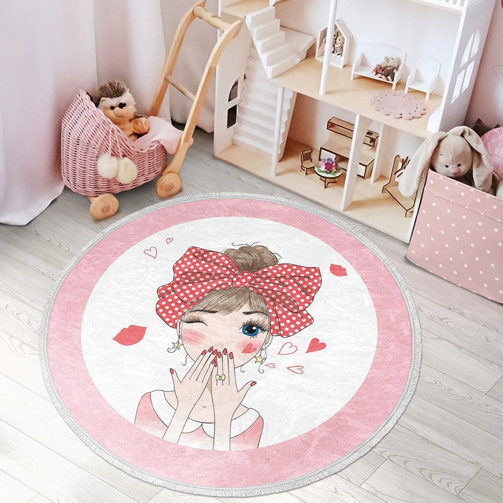 Cute Girl Round Rug|Non-Slip Round Carpet|Fringed Kid Room Circle Carpet|Pink Area Rug|Cute Home Decor|Makeup Girl Print Anti-Slip Mat