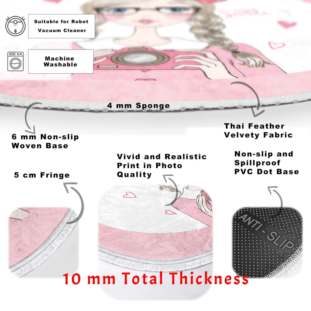 Cute Girl Round Rug|Non-Slip Round Carpet|Fringed Kid Room Circle Carpet|Pink Area Rug|Cute Home Decor|Makeup Girl Print Anti-Slip Mat