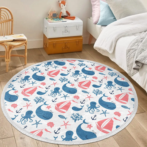 Nautical Round Rug|Non-Slip Round Carpet|Fringed Kid Room Circle Carpet|Nautical Area Rug|Sea Animals Home Decor|Dolphin Print Anti-Slip Mat