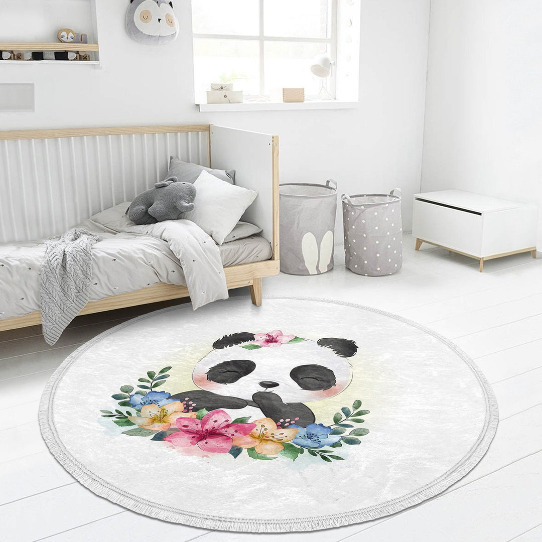 Cute Animal Round Rug|Non-Slip Round Carpet|Fringed Kid Room Circle Carpet|Raccoon Area Rug|Panda Home Decor|Owl, Bear Print Anti-Slip Mat