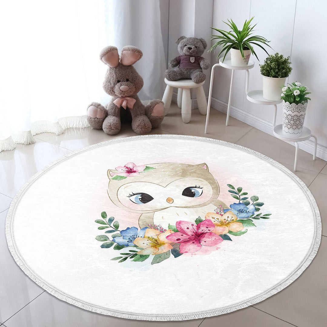 Cute Animal Round Rug|Non-Slip Round Carpet|Fringed Kid Room Circle Carpet|Raccoon Area Rug|Panda Home Decor|Owl, Bear Print Anti-Slip Mat
