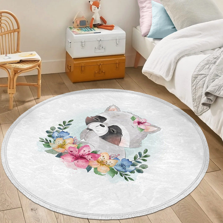 Cute Animal Round Rug|Non-Slip Round Carpet|Fringed Kid Room Circle Carpet|Raccoon Area Rug|Panda Home Decor|Owl, Bear Print Anti-Slip Mat