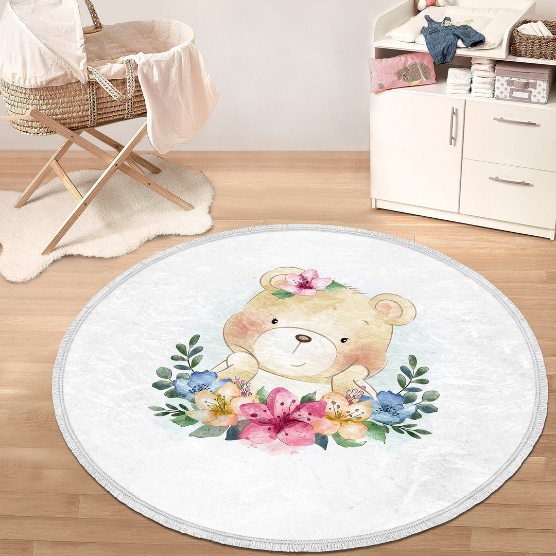 Cute Animal Round Rug|Non-Slip Round Carpet|Fringed Kid Room Circle Carpet|Raccoon Area Rug|Panda Home Decor|Owl, Bear Print Anti-Slip Mat