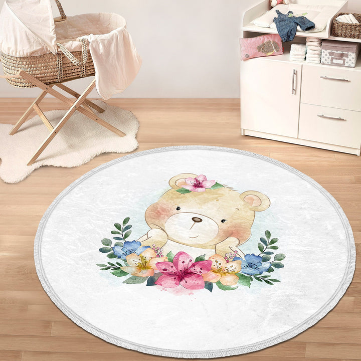 Cute Animal Round Rug|Non-Slip Round Carpet|Fringed Kid Room Circle Carpet|Raccoon Area Rug|Panda Home Decor|Owl, Bear Print Anti-Slip Mat