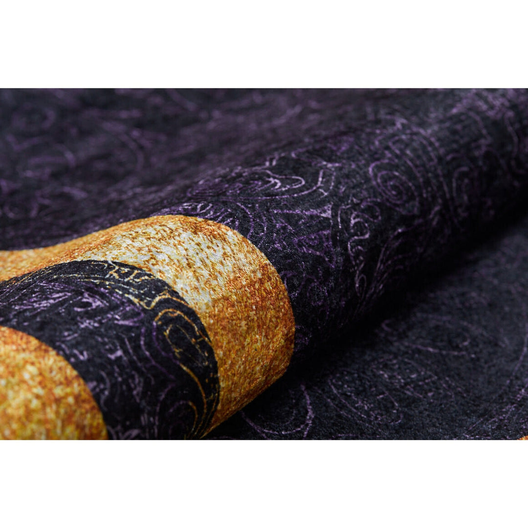 Bordered Purple Rug|Machine-Washable Gold Bordered Non-Slip Rug|Geometric Washable Carpet|Decorative Area Rug|Multi-Purpose Anti-Slip Carpet