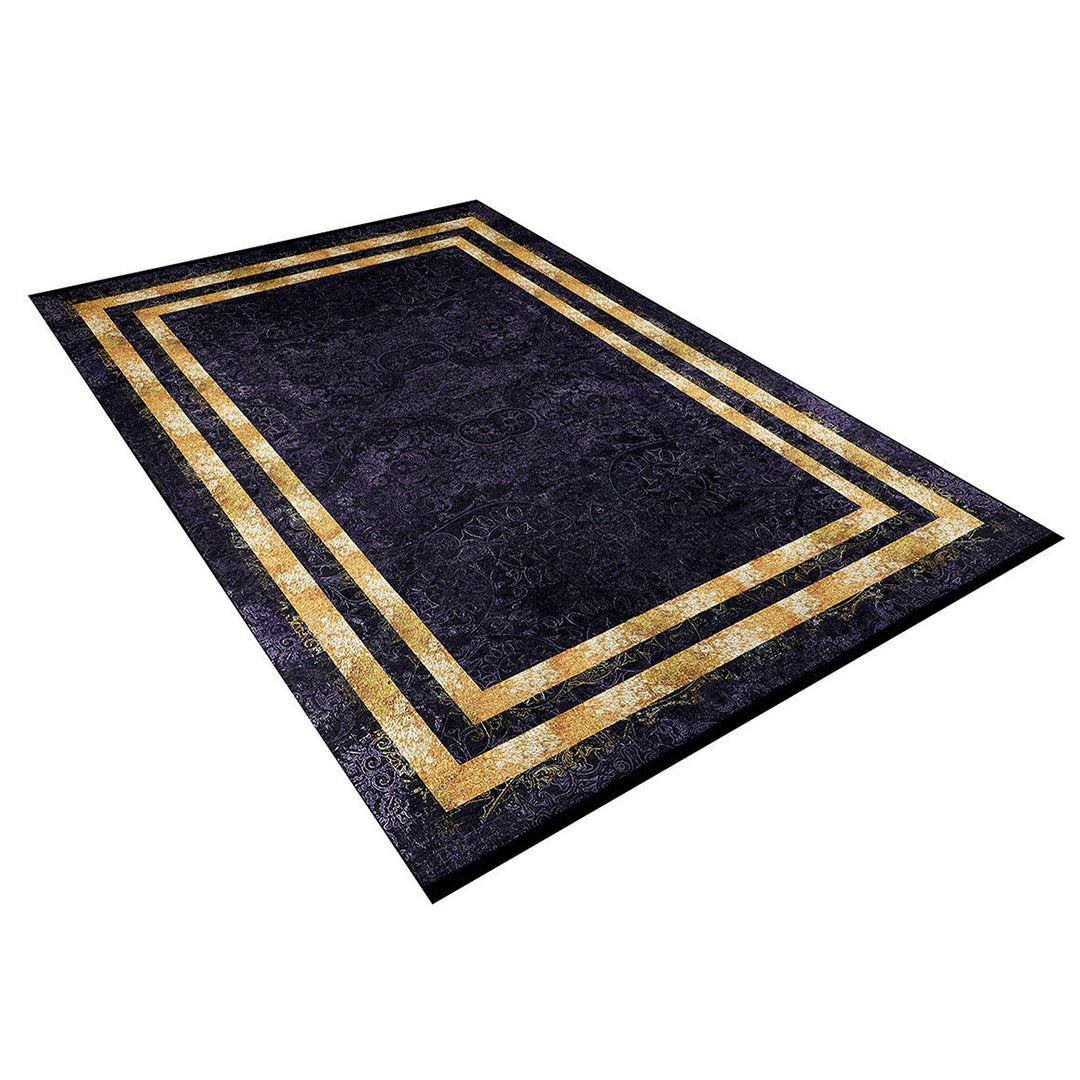 Bordered Purple Rug|Machine-Washable Gold Bordered Non-Slip Rug|Geometric Washable Carpet|Decorative Area Rug|Multi-Purpose Anti-Slip Carpet