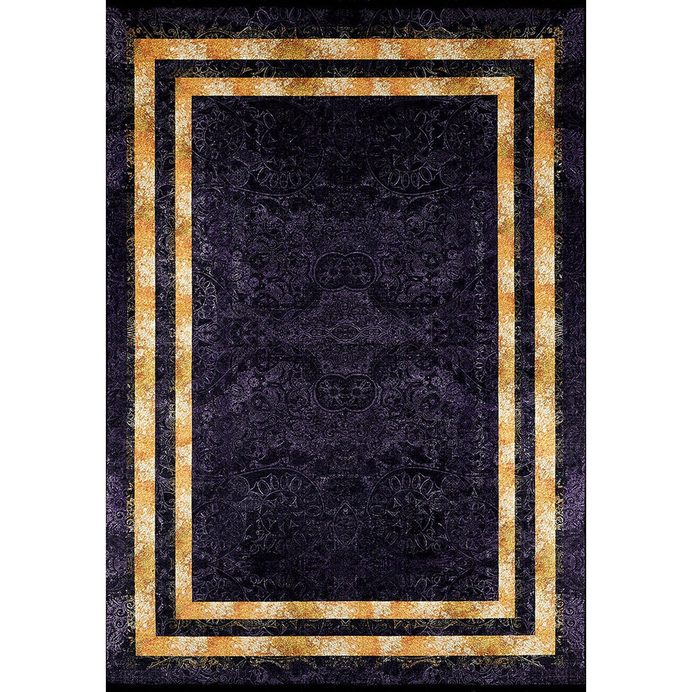 Bordered Purple Rug|Machine-Washable Gold Bordered Non-Slip Rug|Geometric Washable Carpet|Decorative Area Rug|Multi-Purpose Anti-Slip Carpet