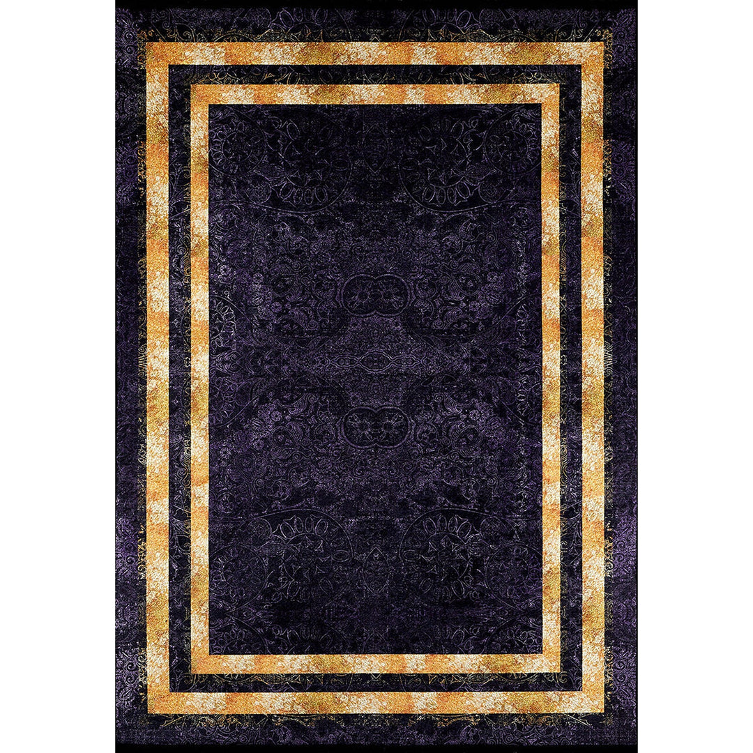 Bordered Purple Rug|Machine-Washable Gold Bordered Non-Slip Rug|Geometric Washable Carpet|Decorative Area Rug|Multi-Purpose Anti-Slip Carpet