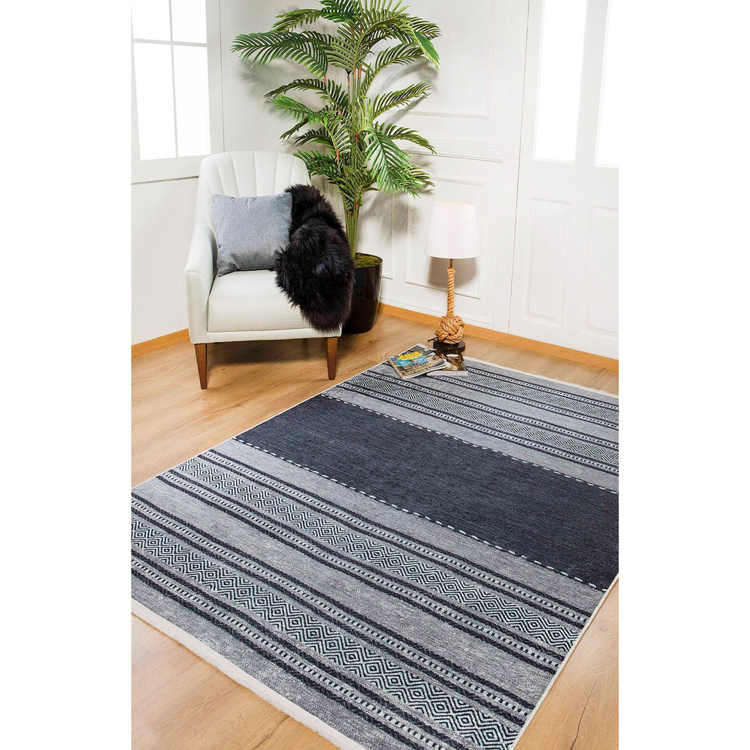 Striped IKAT Rug|Geometric Black Gray Rug|Modern Non-Slip Carpet|Farmhouse Washable Carpet|Decorative Area Rug|Multi-Purpose Anti-Slip Rug