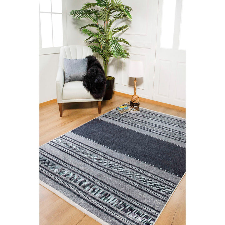 Striped IKAT Rug|Geometric Black Gray Rug|Modern Non-Slip Carpet|Farmhouse Washable Carpet|Decorative Area Rug|Multi-Purpose Anti-Slip Rug