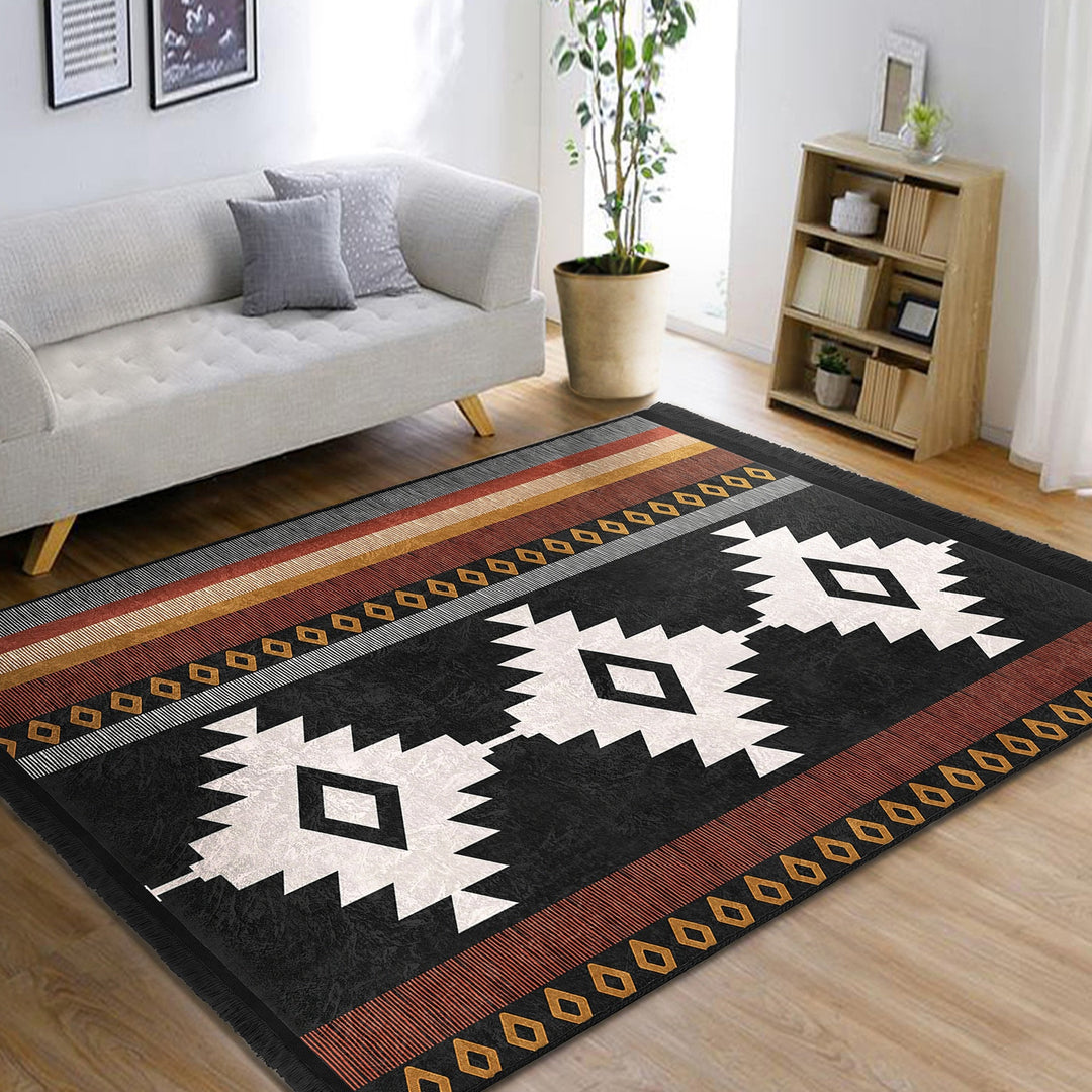 Rug Design Carpet|Southwestern Rug|Rustic Pattern Machine-Washable Non-Slip Rug|Aztec Print Fringed Anti-Slip Carpet|Ethnic Geometric Decor