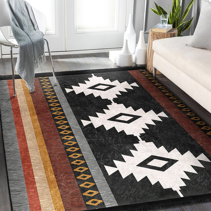 Rug Design Carpet|Southwestern Rug|Rustic Pattern Machine-Washable Non-Slip Rug|Aztec Print Fringed Anti-Slip Carpet|Ethnic Geometric Decor