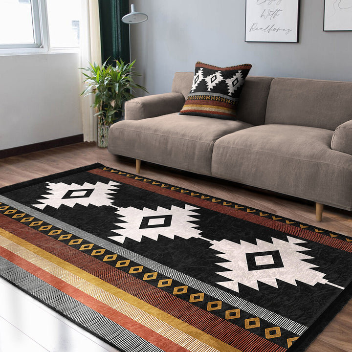 Rug Design Carpet|Southwestern Rug|Rustic Pattern Machine-Washable Non-Slip Rug|Aztec Print Fringed Anti-Slip Carpet|Ethnic Geometric Decor