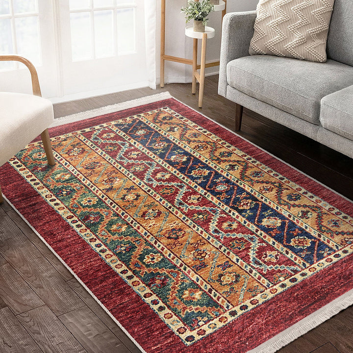 Kilim Pattern Rug|Anatolian Multi-Purpose Anti-Slip Geometric Carpet|Ethnic Design Farmhouse Carpet|Machine-Washable Fringed Non-Slip Rug
