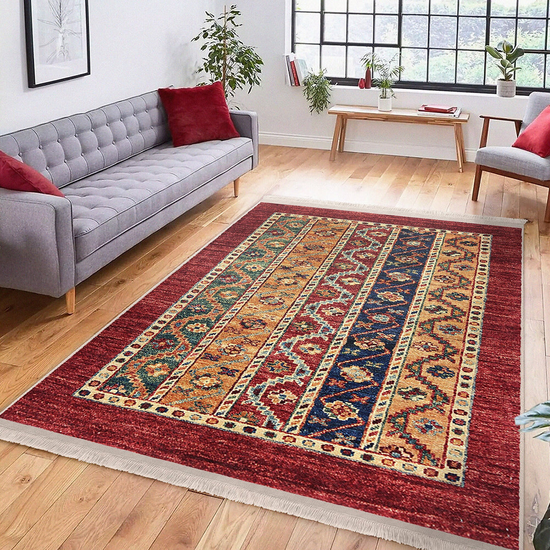 Kilim Pattern Rug|Anatolian Multi-Purpose Anti-Slip Geometric Carpet|Ethnic Design Farmhouse Carpet|Machine-Washable Fringed Non-Slip Rug