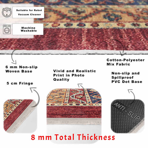 Kilim Pattern Rug|Anatolian Multi-Purpose Anti-Slip Geometric Carpet|Ethnic Design Farmhouse Carpet|Machine-Washable Fringed Non-Slip Rug