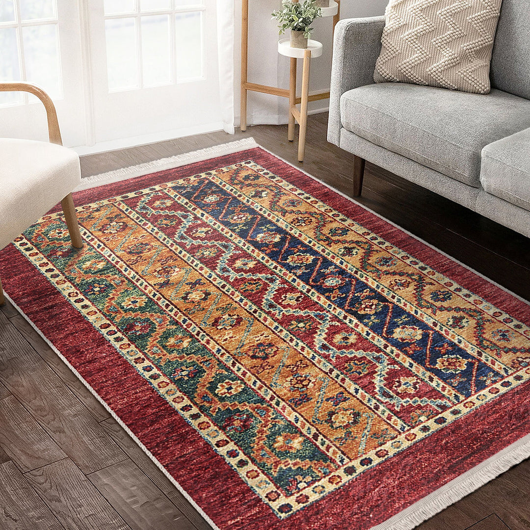 Kilim Pattern Rug|Anatolian Multi-Purpose Anti-Slip Geometric Carpet|Ethnic Design Farmhouse Carpet|Machine-Washable Fringed Non-Slip Rug
