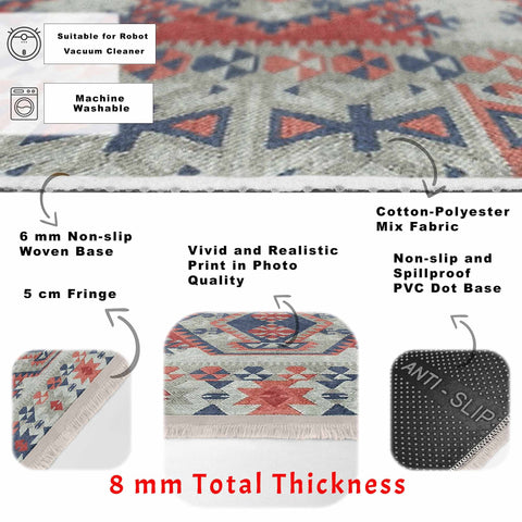 Kilim Pattern Rug|Traditional Multi-Purpose Anti-Slip Geometric Carpet|Ethnic Design Farmhouse Carpet|Machine-Washable Fringed Non-Slip Rug