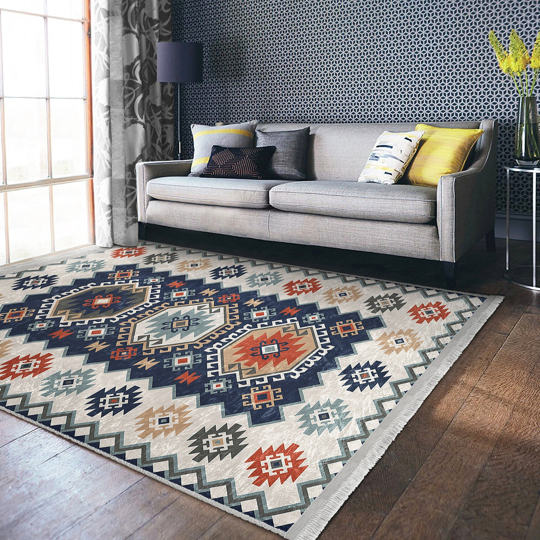 Kilim Pattern Rug|Ethnic Design Farmhouse Carpet|Machine-Washable Fringed Non-Slip Rug|Colorful Multi-Purpose Anti-Slip Geometric Carpet