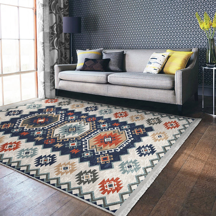 Kilim Pattern Rug|Ethnic Design Farmhouse Carpet|Machine-Washable Fringed Non-Slip Rug|Colorful Multi-Purpose Anti-Slip Geometric Carpet