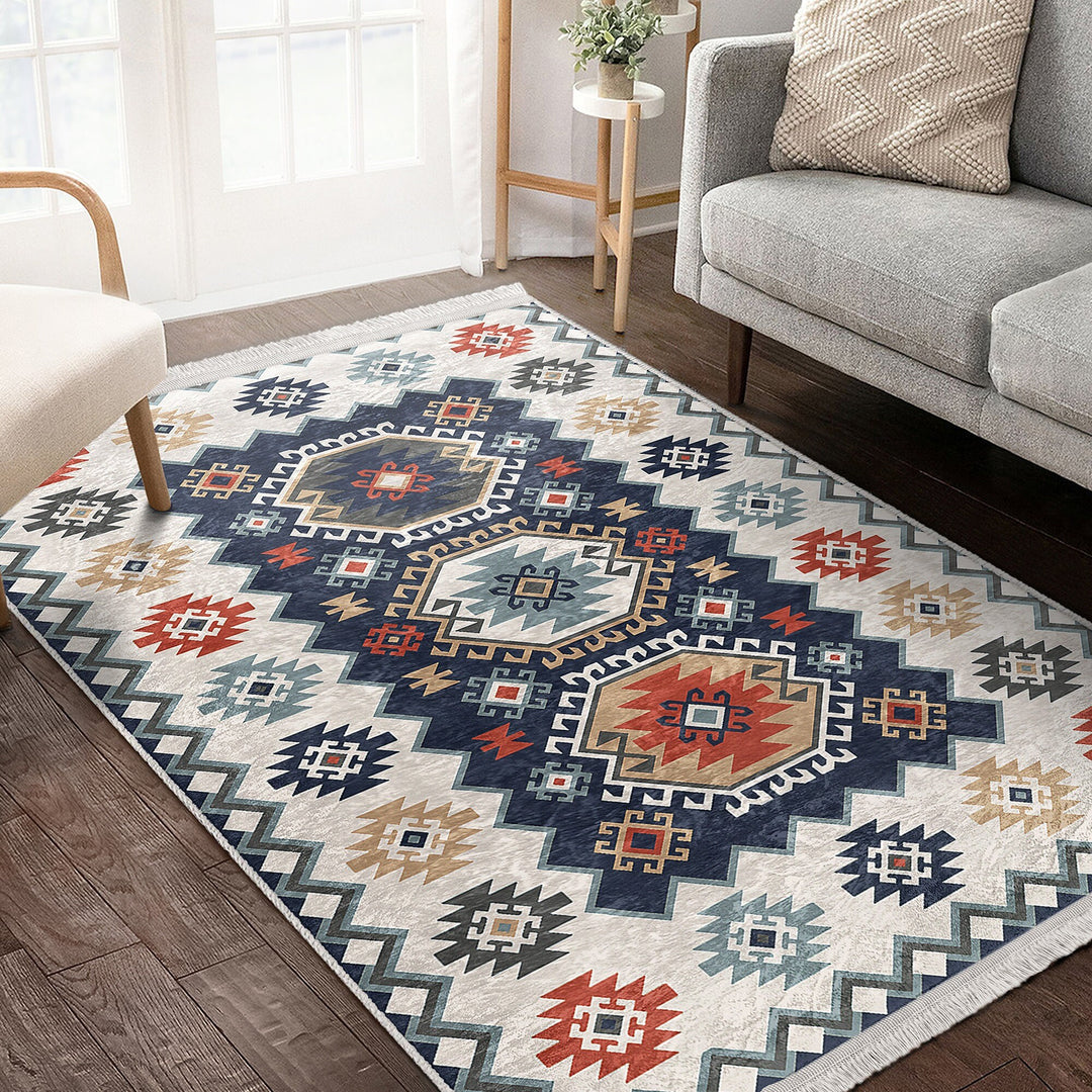 Kilim Pattern Rug|Ethnic Design Farmhouse Carpet|Machine-Washable Fringed Non-Slip Rug|Colorful Multi-Purpose Anti-Slip Geometric Carpet