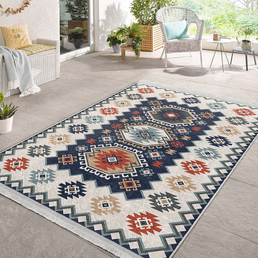 Kilim Pattern Rug|Ethnic Design Farmhouse Carpet|Machine-Washable Fringed Non-Slip Rug|Colorful Multi-Purpose Anti-Slip Geometric Carpet