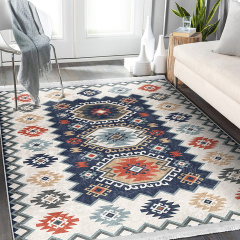 Kilim Pattern Rug|Ethnic Design Farmhouse Carpet|Machine-Washable Fringed Non-Slip Rug|Colorful Multi-Purpose Anti-Slip Geometric Carpet