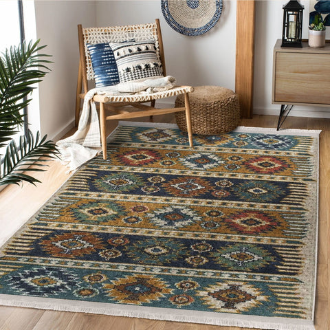 Turkish Kilim Rug|Machine-Washable Fringed Non-Slip Rug|Ethnic Design Farmhouse Carpet|Traditional Multi-Purpose Anti-Slip Geometric Carpet