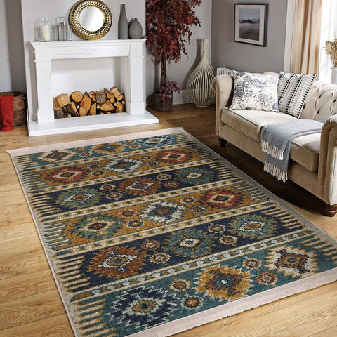 Turkish Kilim Rug|Machine-Washable Fringed Non-Slip Rug|Ethnic Design Farmhouse Carpet|Traditional Multi-Purpose Anti-Slip Geometric Carpet