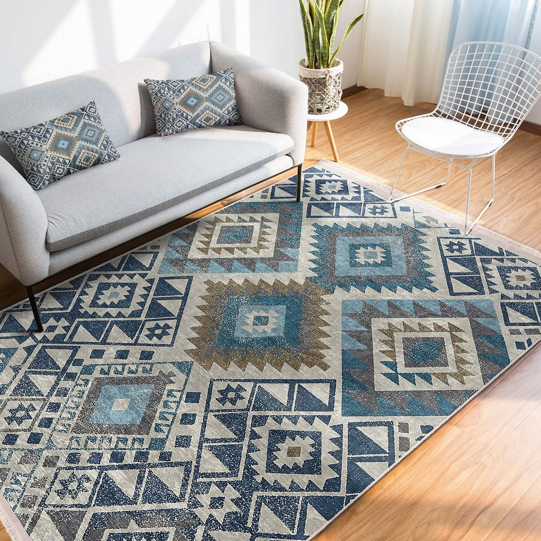 Rug Design Carpet|Aztec Print Fringed Anti-Slip Carpet|Southwestern Rug|Rustic Pattern Machine-Washable Non-Slip Rug|Ethnic Geometric Decor