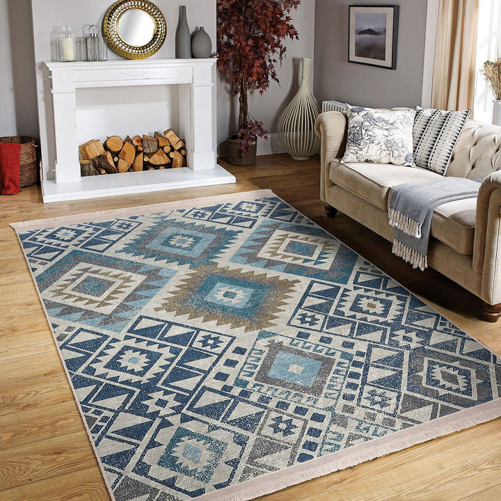 Rug Design Carpet|Aztec Print Fringed Anti-Slip Carpet|Southwestern Rug|Rustic Pattern Machine-Washable Non-Slip Rug|Ethnic Geometric Decor