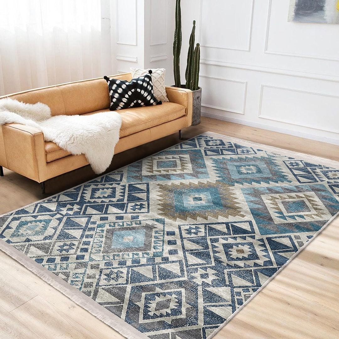 Rug Design Carpet|Aztec Print Fringed Anti-Slip Carpet|Southwestern Rug|Rustic Pattern Machine-Washable Non-Slip Rug|Ethnic Geometric Decor