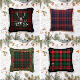 Christmas Pillowcase|Frilly Buffalo Plaid Xmas Deer Cushion Case|Decorative Red Berries Print Pillow Cover|Buckhorn and Nutcracker Pillowtop