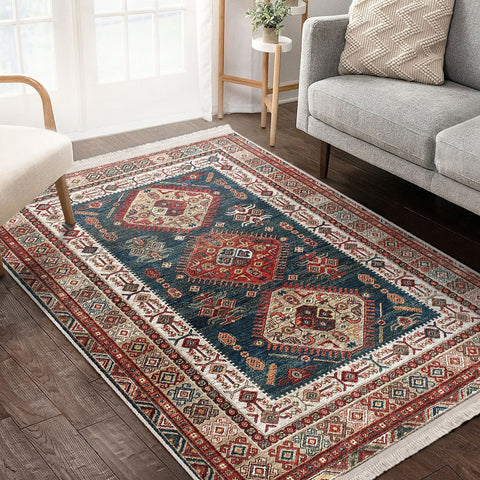 Anatolian Style Rug|Ethnic Design Farmhouse Carpet|Machine-Washable Fringed Non-Slip Rug|Kilim Motif Multi-Purpose Anti-Slip Geometric Decor