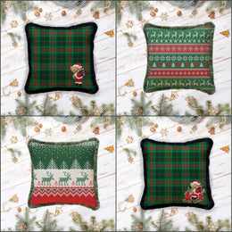 Christmas Pillowcase|Santa Bear Plaid Cushion Cover|Xmas Deer Frilly Cushion|Decorative Pixel Art Pillow Cover|Green Red Winter Pillowtop