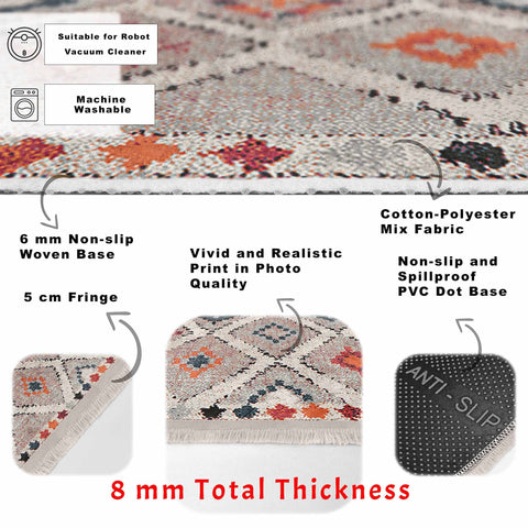 Kilim Motif Rug|Machine-Washable Fringed Non-Slip Rug|Ethnic Design Farmhouse Carpet|Diamond Pattern Multi-Purpose Anti-Slip Boho Carpet