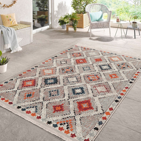 Kilim Motif Rug|Machine-Washable Fringed Non-Slip Rug|Ethnic Design Farmhouse Carpet|Diamond Pattern Multi-Purpose Anti-Slip Boho Carpet