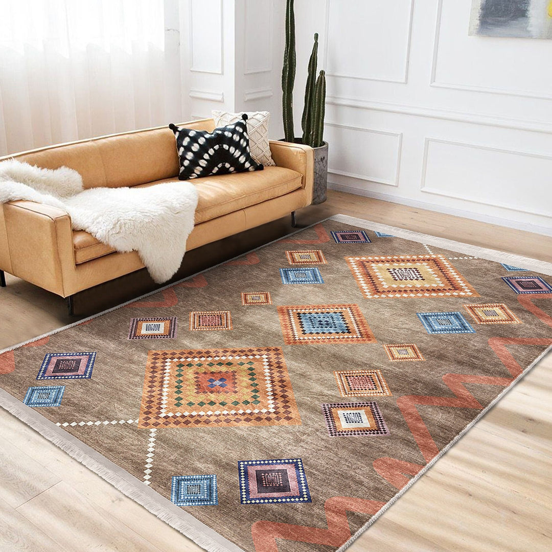 Rug Design Carpet|Traditional Multi-Purpose Anti-Slip Geometric Rug|Ethnic Diamond Farmhouse Carpet|Machine-Washable Fringed Non-Slip Rug