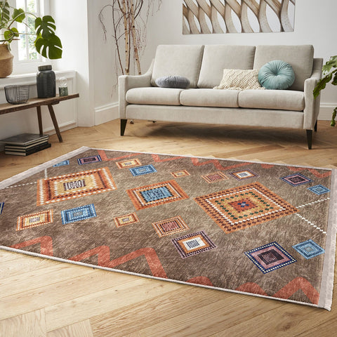 Rug Design Carpet|Traditional Multi-Purpose Anti-Slip Geometric Rug|Ethnic Diamond Farmhouse Carpet|Machine-Washable Fringed Non-Slip Rug