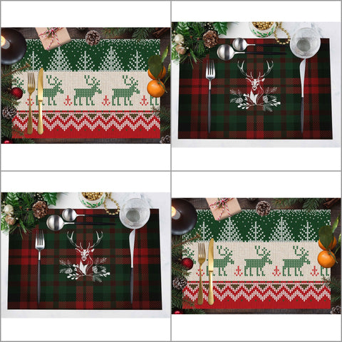 Set of 4 Xmas Placemat|Winter Trend Table Mat|Plaid Xmas Deer Dining Underplate|Christmas Home Decor|Pixel Art Rectangle Winter Coaster Set